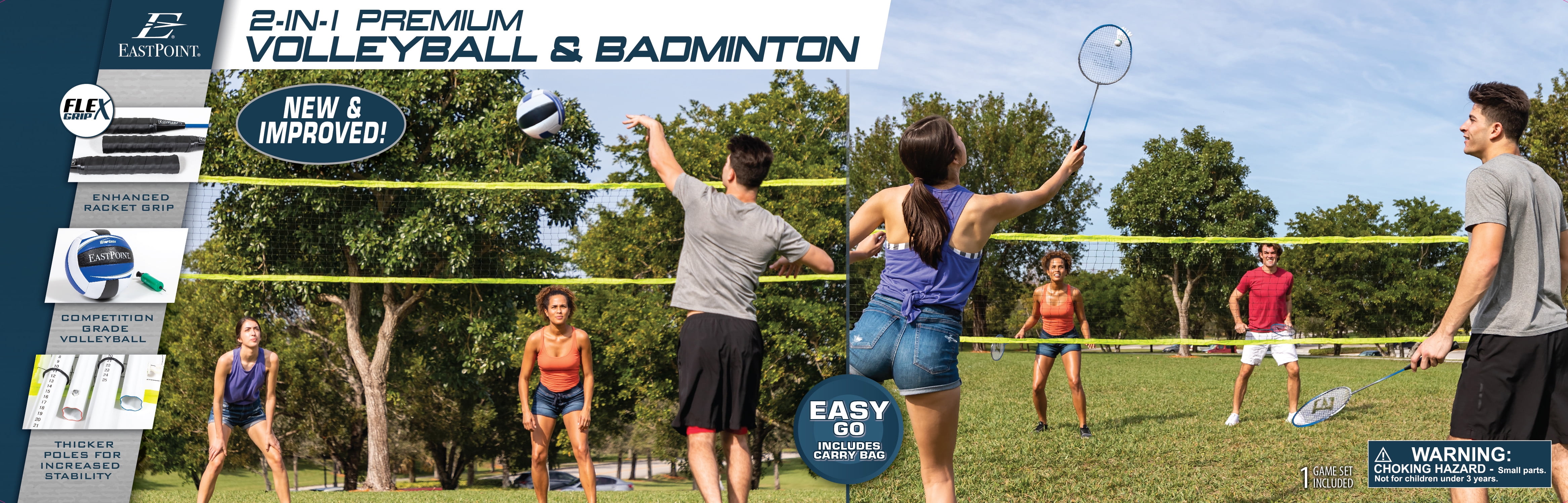 EastPoint Sports 2-in-1 Volleyball and Badminton Set, Adjustable Height Net Set with all Accessories