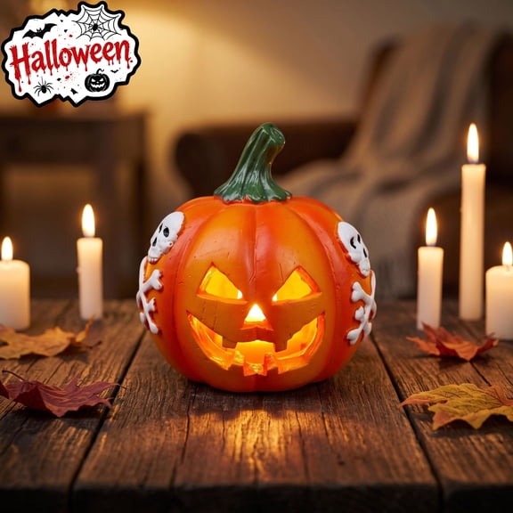 Tryvkinvive Skull Light Up Pumpkin Decor,Halloween Jack O Lantern LED Lamp,Tabletop Ornament Halloween Decoration for Indoor Home,Haunted House & Party Decor