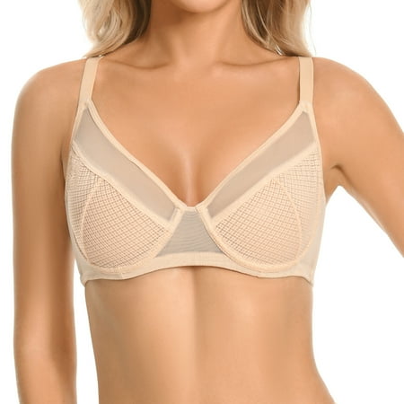 YANDW Minimizer Sheer Mesh Bras for Women Underwire Plunge Lifting Plus Size Bra  Beige 40E