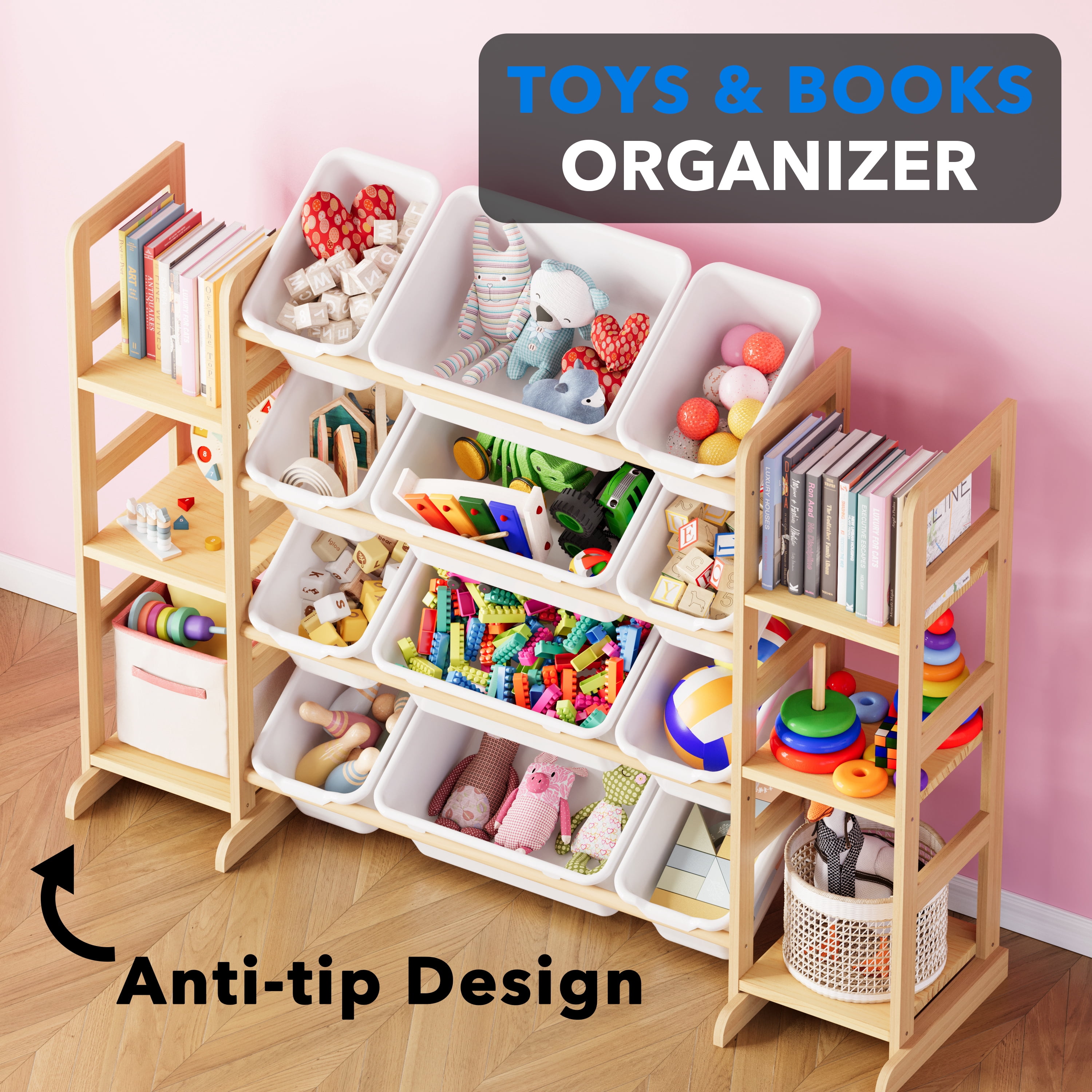 Tooloton Toy Storage Organizer with 6 Shelves and 12 Bins, Toy Organizers Storage Bookshelf, Kids Bin Shelf Toys Box Bookcase for Bedroom Playroom Organization Room Decor, White