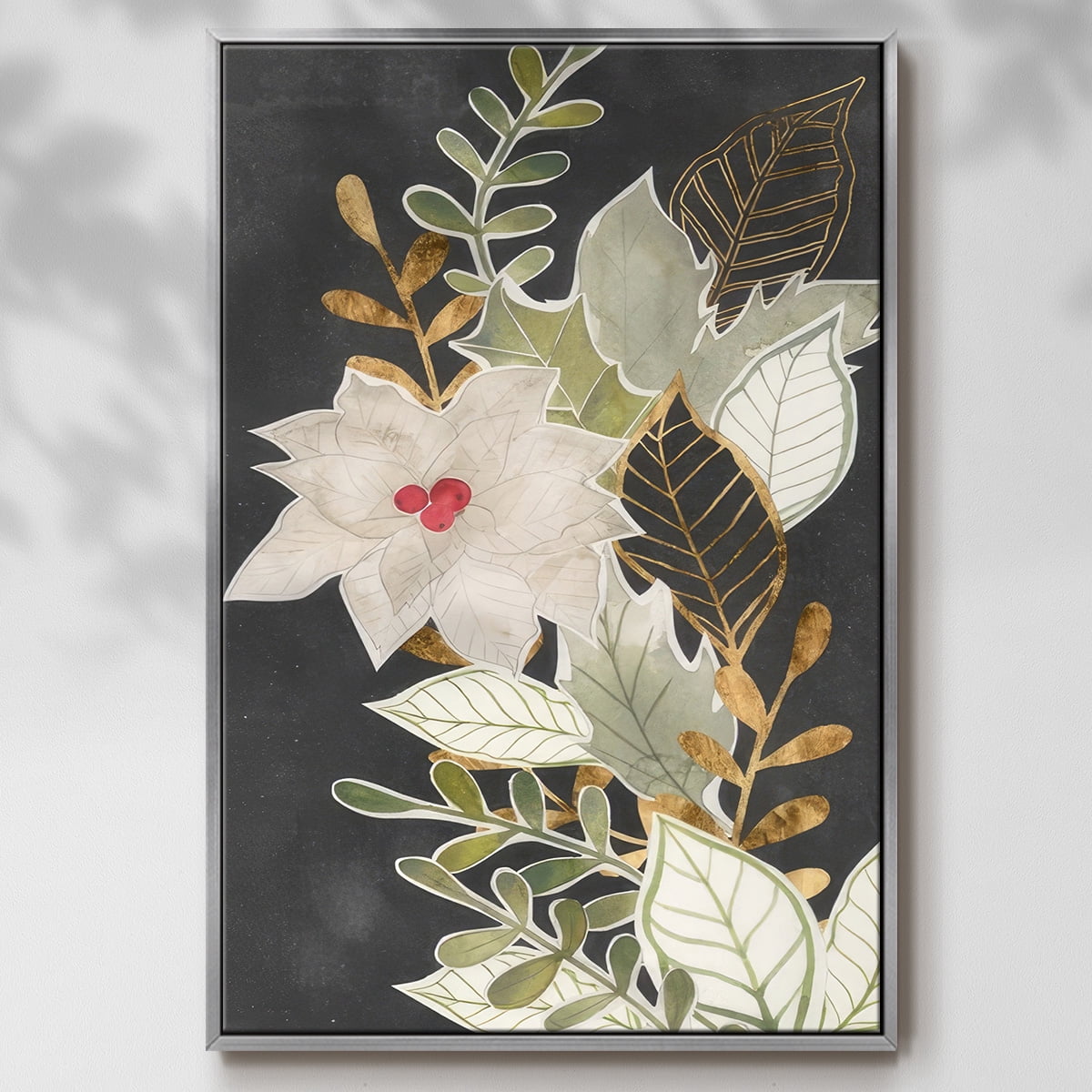 Gilded Christmas Collection B - Framed Gallery Wrapped Holiday Canvas - 25 x 37 - Silver Frame