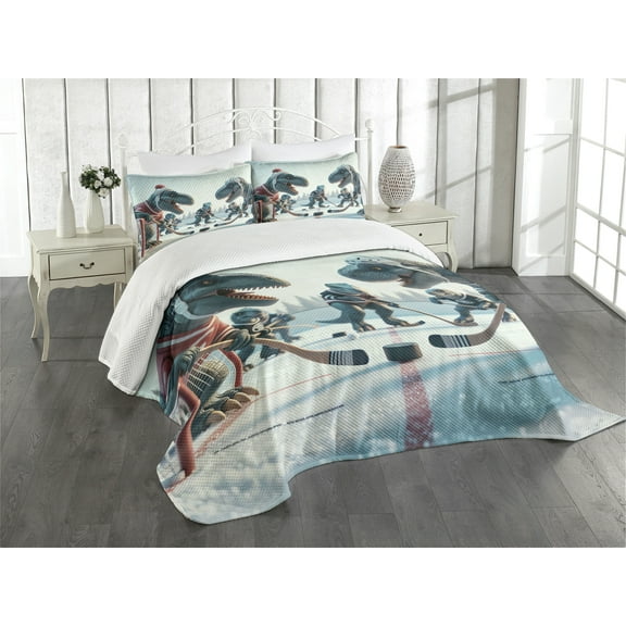 Ambesonne Dinosaur Quilted Bedspread Set 3 Pcs, T-Rex Playing Ice Hockey, King Size, Petrol Blue Pale Ruby