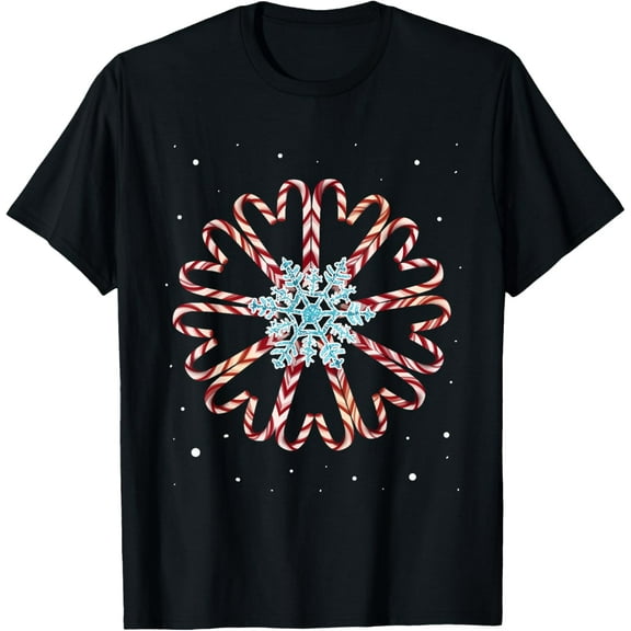 Christmas Pajamas Snow Snowflake Xmas Gift Candy canes T-ShirtMen and women, Black T-shirt, size: Extra large