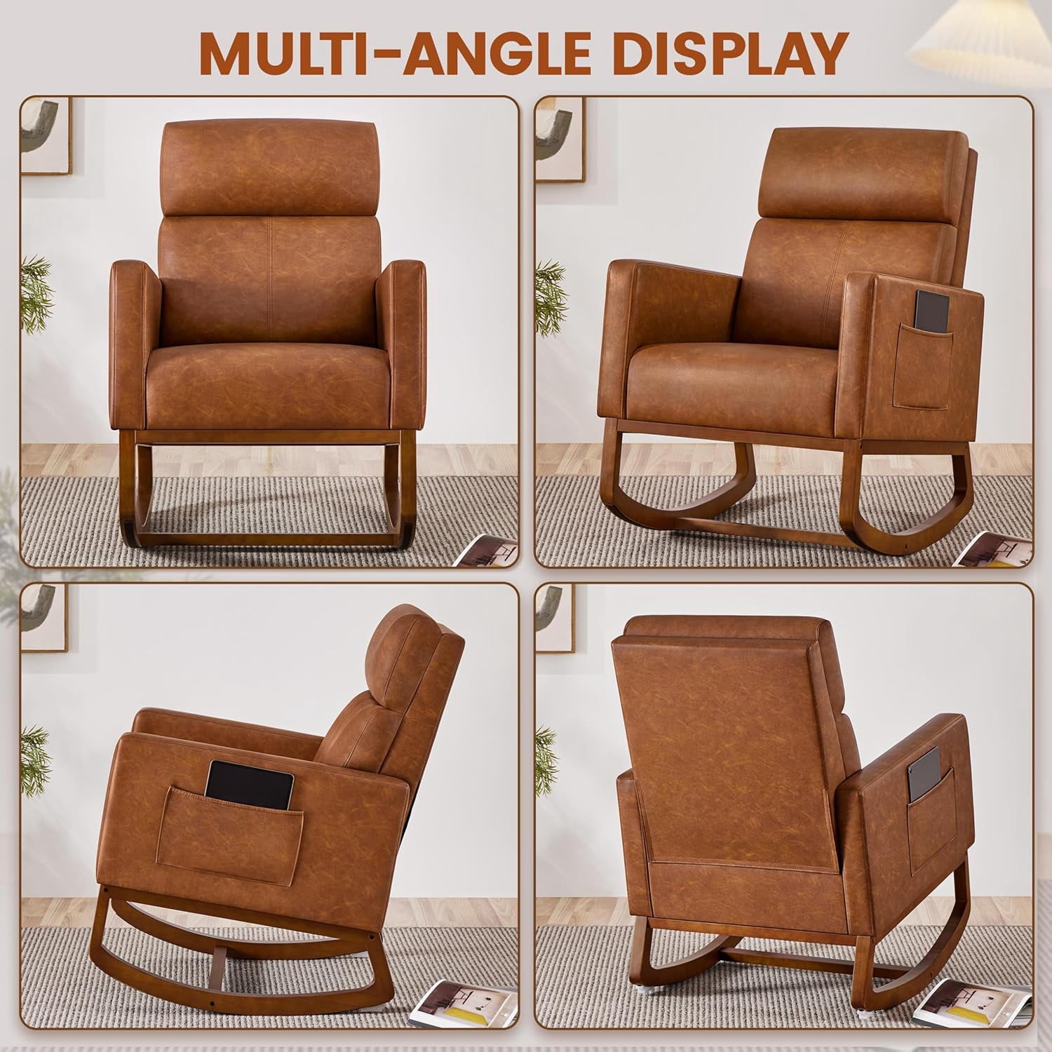 Leather Glider Chair, Modern Rocking Chair, Nursery Faux Leather Glider Chair with Rubber Wood Legs and Side Pocket, Rocking Accent Armchair for Living Room, Bedroom, Brown