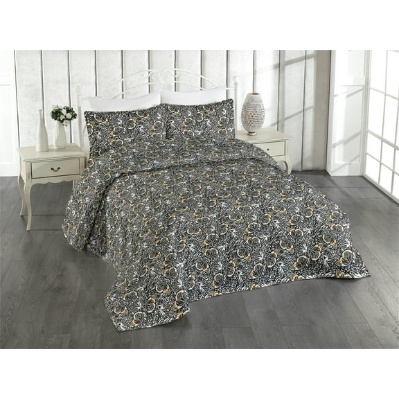 Ambesonne Butterfly Quilted Bedspread Set 3 Pcs, Forest Wings Animal Skin, King, Marigold Black and White