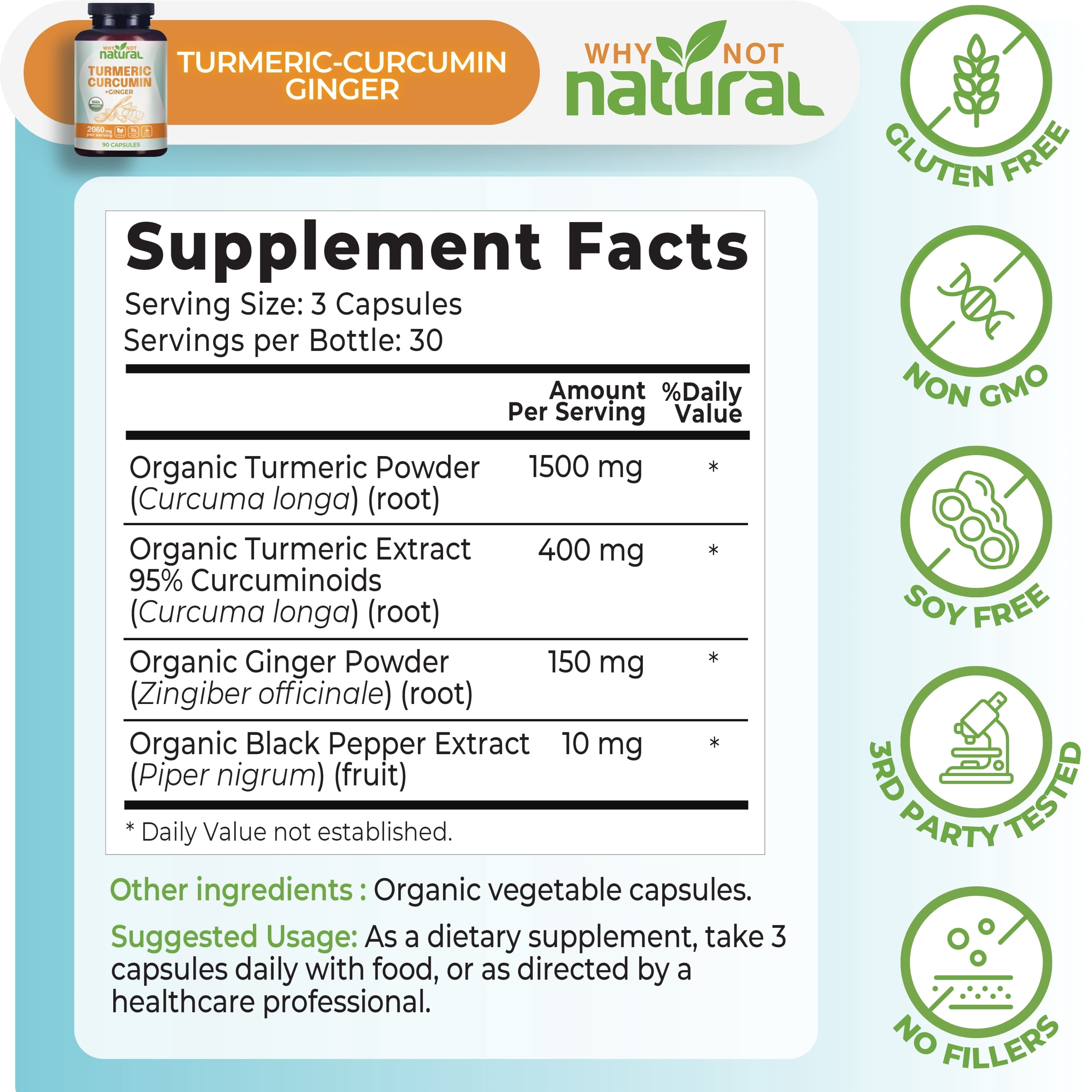 Why Not Natural Organic Turmeric Curcumin Supplement in capsules with Ginger and black pepper