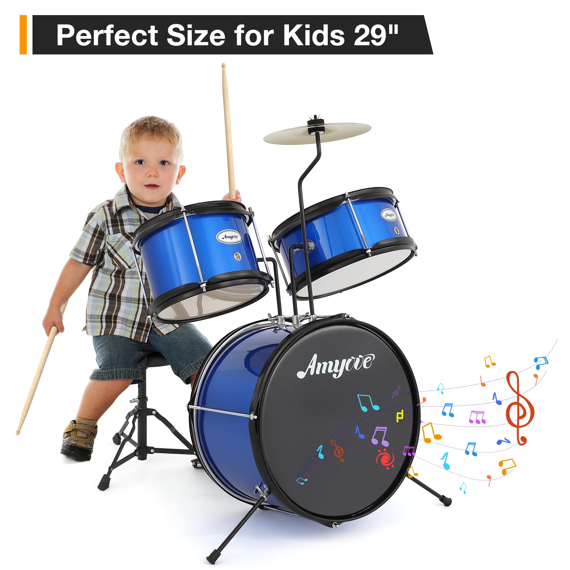Senfot Drum Set, 1 Wood/Metal AD-100 Three Drums Set, Beginner Set Includes Bass, 2 Toms, Cymbal, Sticks, Bass Pedal and Stool, Percussion Musical Instrument Birthday Playsetl (Blue, 3-Piece)