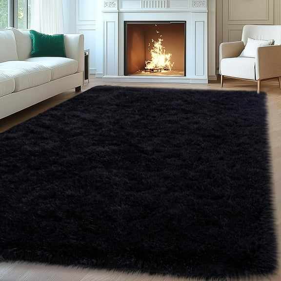 8x10 Area Rugs for Living Room, Large Fluffy Black Rugs for Bedroom, Soft Carpet Shag Kids Room Rug, Non-Slip Fuzzy Rugs Indoor (8ft x 10ft, Black)