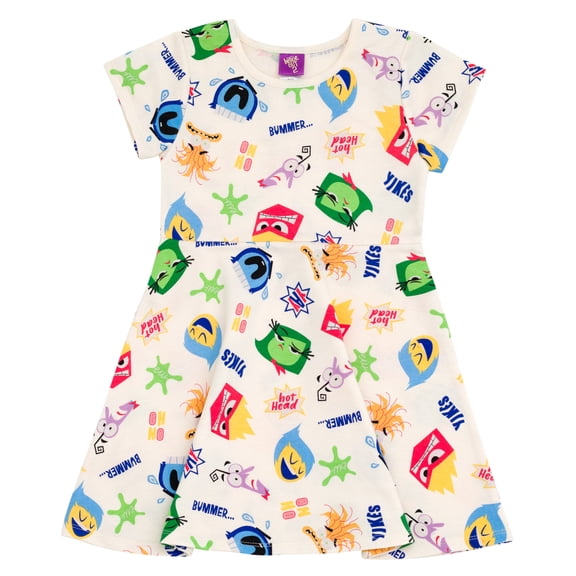 Disney Inside Out Little Girls' Short Sleeve French Terry Skater Dress Cream Inside Out 2 Emotions
