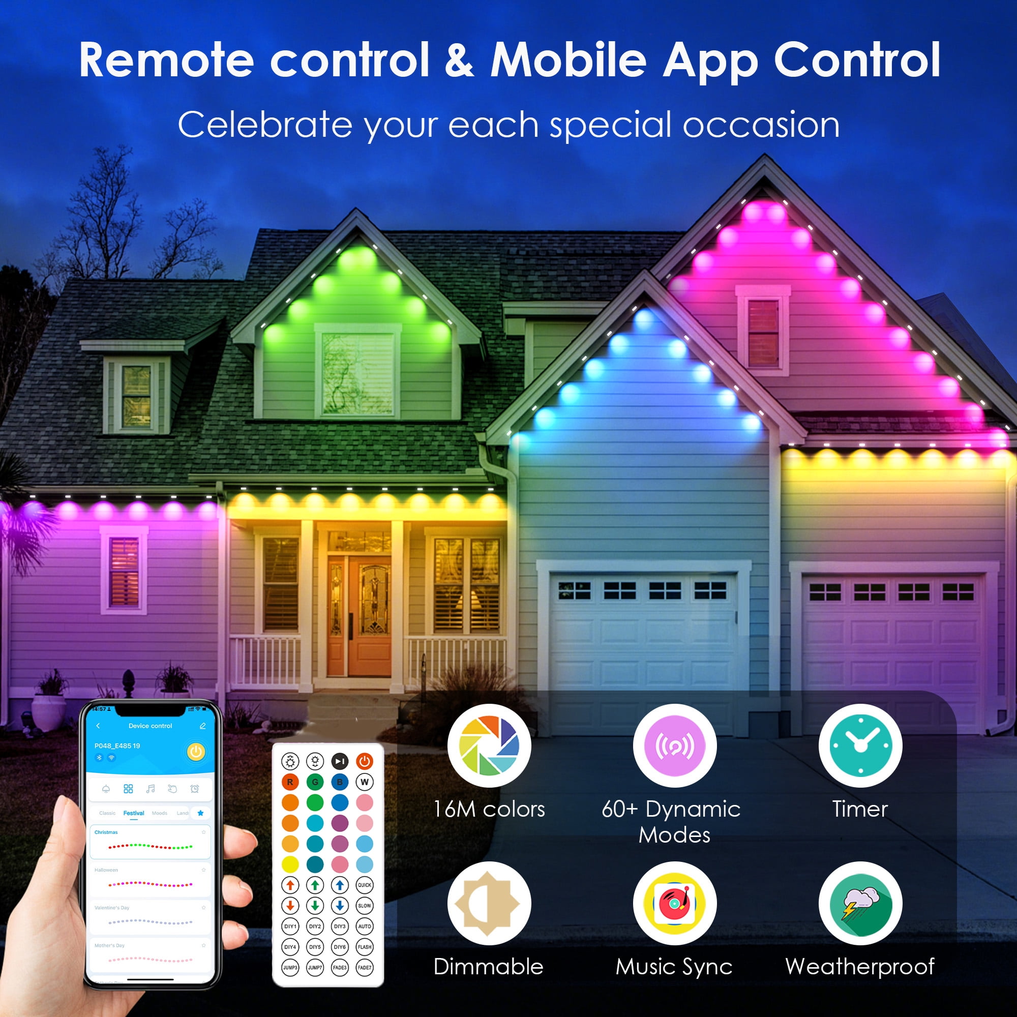 DAYBETTER 400ft Permanent Outdoor Lights, RGB Eaves String Lights with 200 LEDS, Remote/APP Control Christmas Lights, IP65 Waterproof for Garden Halloween Party Decorations(100ft*4)