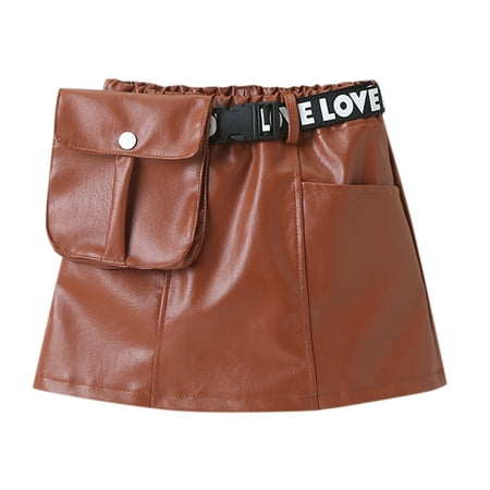 EnJoCho Kids Toddler Child Baby Girls Patchwork PU Leather Skirt Outfit PU Leather Short Skirt for Kids Girls Toddler Fall Mini Skirt Child Fashion Skirt with Waist Bag