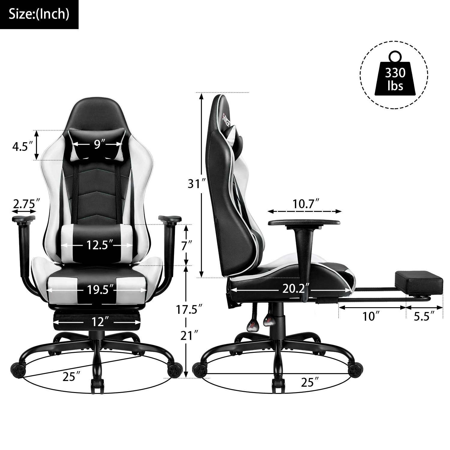 Vineego High-back Recliner Gaming Chair Swivel Office Chair PU Leather ...