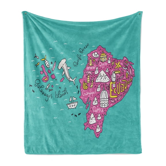 Ecuador Soft Flannel Fleece Throw Blanket, Republic of Ecuador Map Colorful Doodle with Main , Cozy Plush for Indoor and Outdoor Use, 50" x 70", Turquoise Pink, by Ambesonne