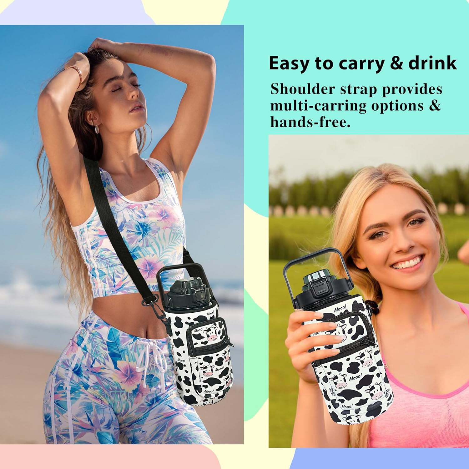 64 oz Water Bottle with Straw Sleeve & Strap Motivational BPA Free Half Gallon Water Jug with Handle for Gym Women Men Aesthetic Water Bottle with Strap