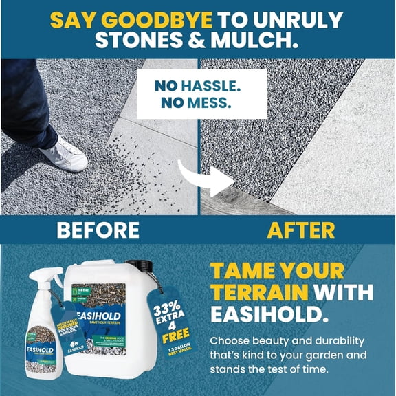 Easihold Rock Glue 1.3 Gallon - Gravel Binder for Pea Gravel & Stones.Long-Lasting Mulch Glue for Landscaping – Non-Toxic, Ready-to-Use Gravel Lockdown for Paths, Patios & Garden Borders