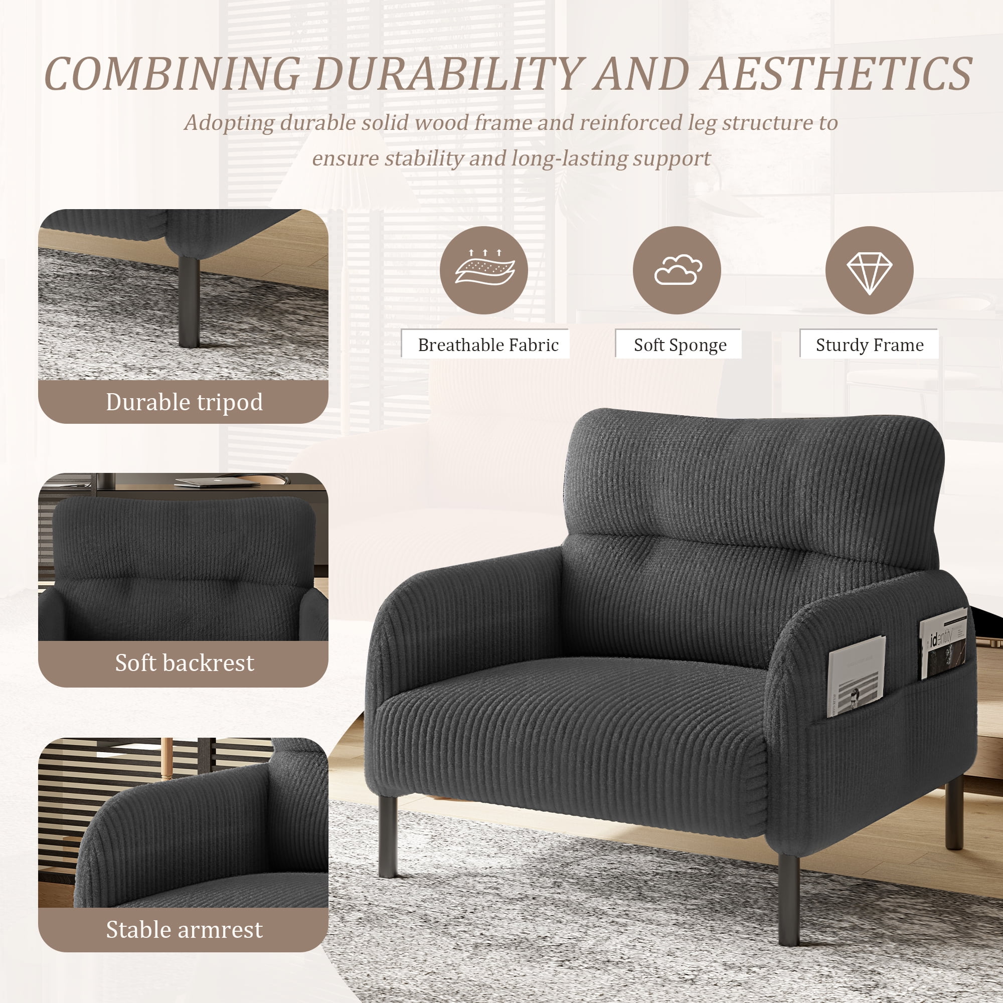 Modern Accent Chair,Armchair,Corduroy Fabric Sofa Chairs,Upholstered Armchair for Living Room,Bedroom,Office,Gray