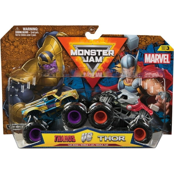 Monster Jam, Marvel Official Thanos Vs. Thor Die-Cast Monster Trucks, 1:64 Scale, Kids Toys for Boys and Girls Ages 3 and up