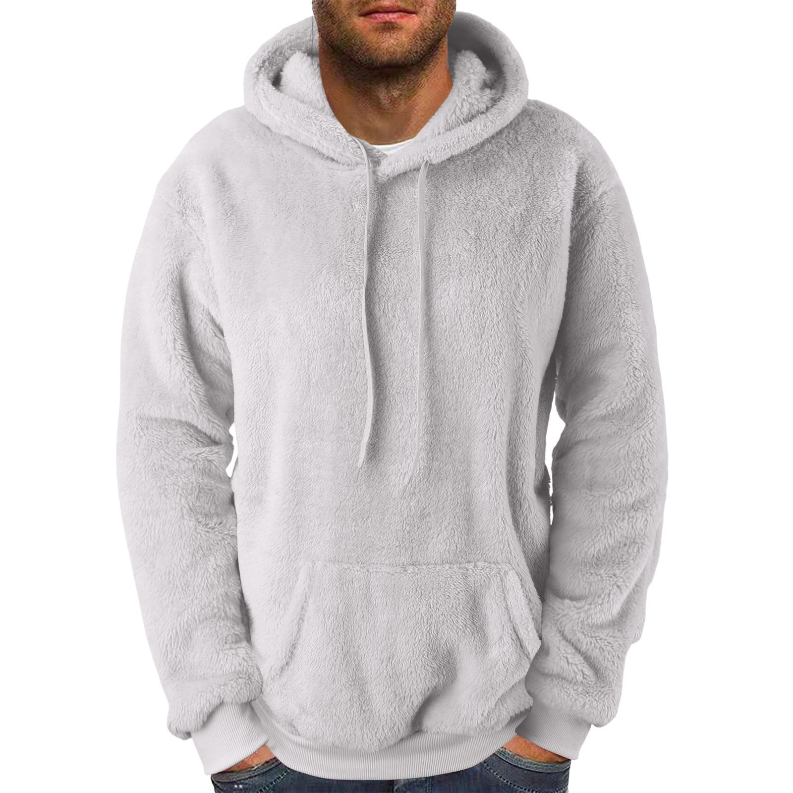 S-5X Mens Big & Tall Hoodies with Front Pocket Plus Size Pullover Fleece Sweatshirts Long Sleeve Solid Color Thermal Warm Sherpa Hooded Tops