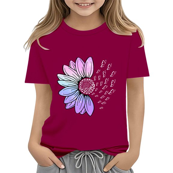 CPNG Girls Sunflower Shirts Cute Summer Crew Neck T-Shirt Floral Graphic Short Sleeve Tees Tops Casual Loose Tees(Wine,10-11 Years)