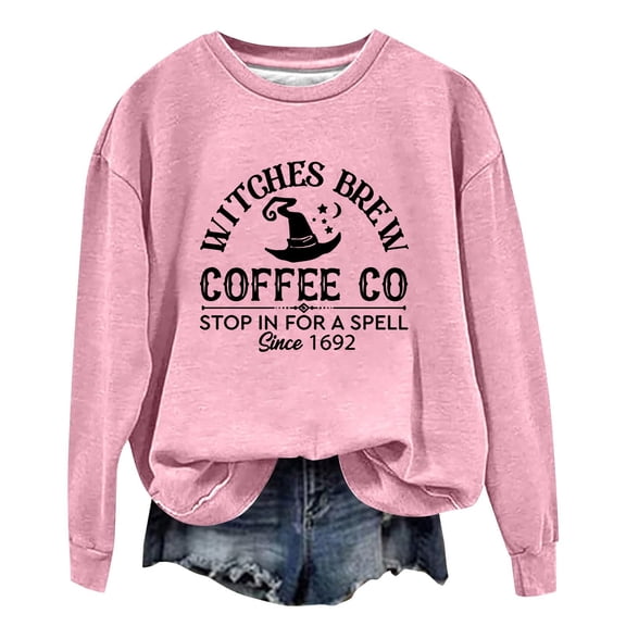 Witches Brew Coffee Halloween Sweatshirt For Women Cute Crewneck Tops Oversized Long Sleeve Festival Pullover Sweater