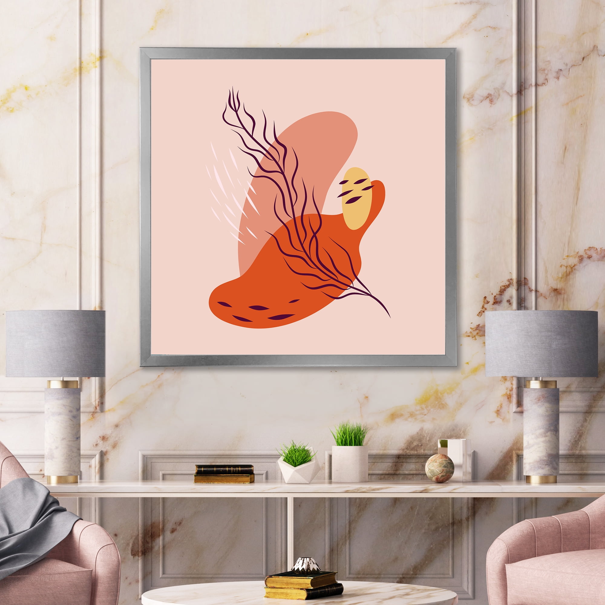 Abstract Warm Colors Spring Leaf 30 in x 30 in Framed Painting Canvas Art Print, by Designart