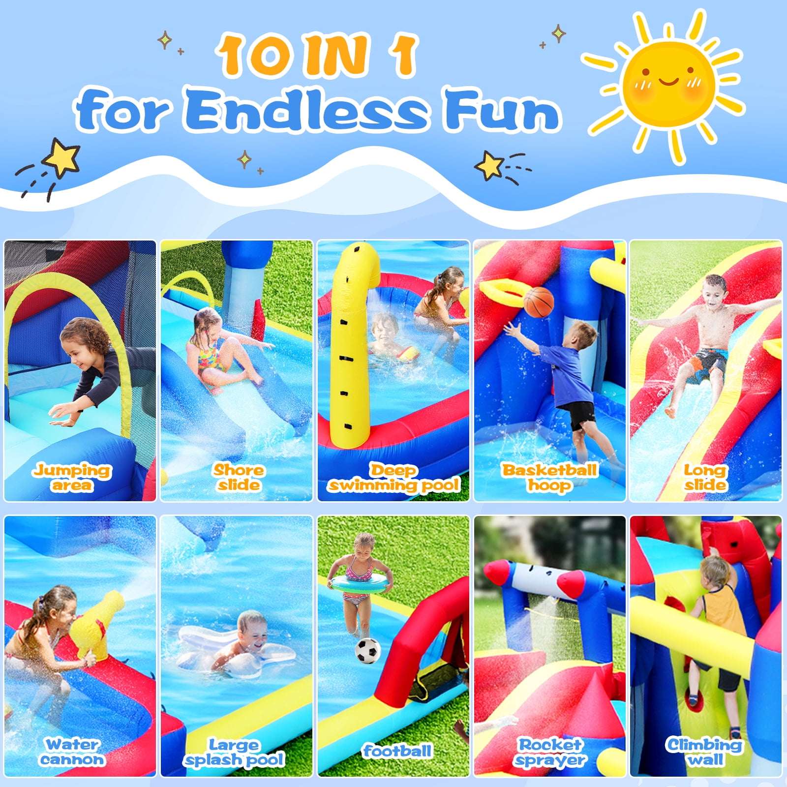 HNH 10 in 1 Inflatable Water Slide Kids Bounce House with Splash Pool & Water Gun & Basketball & Climbing Wall & Dual Pools & Soccer,650W Air Blower, 18.92x17.08FT