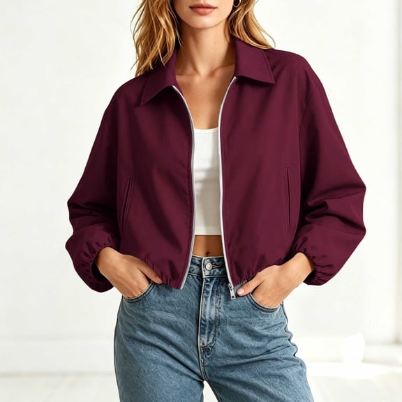 OGLCCG Womens Cropped Jackets Lapel Collar Puffed Long Sleeve Zip Up Bomber Jacket Trendy Casual Streetwear Outerwear with Pockets