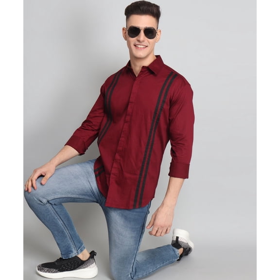 TryBuy Premium Maroon Colored Black Striped Cotton Casual Shirt for Men