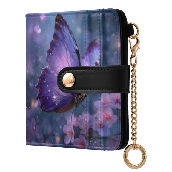 Qxltty Sakura Purple Butterfly Ladies Wallet Rfid Slim Thin Compact Credit Card Women Wallet Zipper Coin Pocket and ID Window for Female Gifts