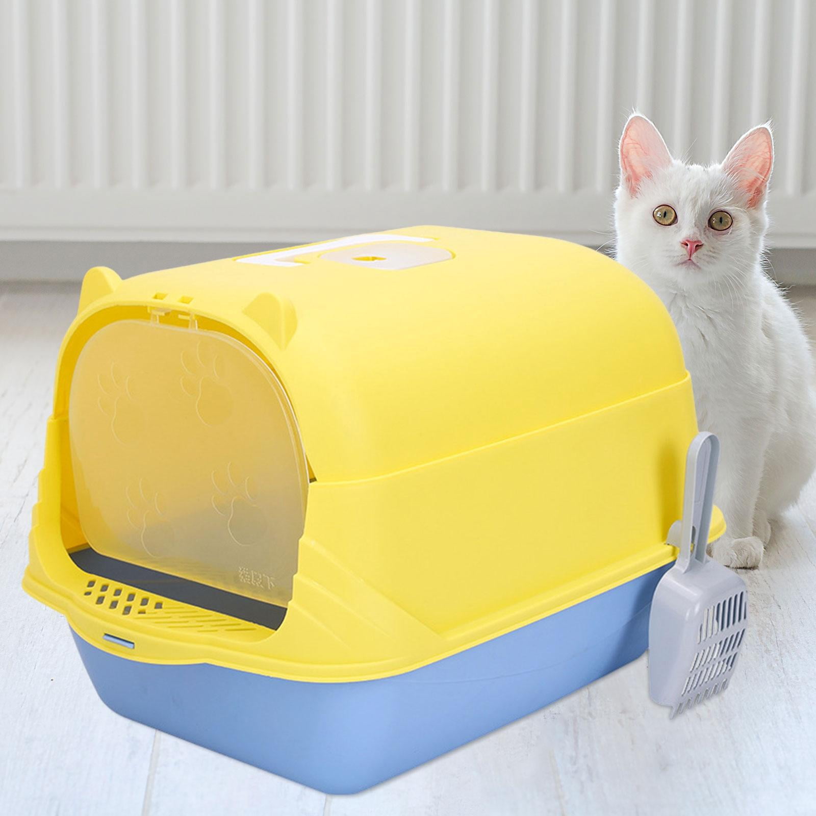 perfeclan Cat with Lid Enclosed and Covered Cat Toilet Anti Splashing Easy to Clean Kitten Potty Enclosed Yellow and Blue