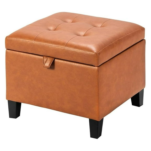 PINDEE 17 Inch Storage Ottoman Foot Rest,Square Faux Leather Foot Stool,Small Ottoman with Storage,Padded Seat for Entryway,Living Room,Bedroom,Couch,Under Desk,Cognac Brown