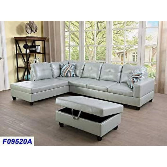PonLiving Furniture Left Facing 3PC Sectional Sofa Set,Faux Leather, SILVER PonLiving PonLiving Funiture Left Facing 3PC Sectional Sofa Set,Faux Leather, SILVER