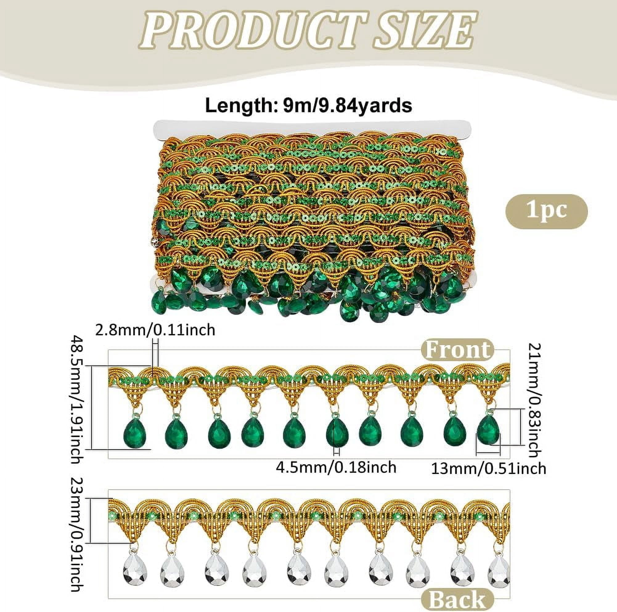 1pc 9m Hanging Beads Fringe Lace (48.5mm) Wide Green Rhinestone Bead Fringe Trim Polyester Sewing Fringe Tassel Trim by The yard for Handmade DIY Clothing Curtain Decor