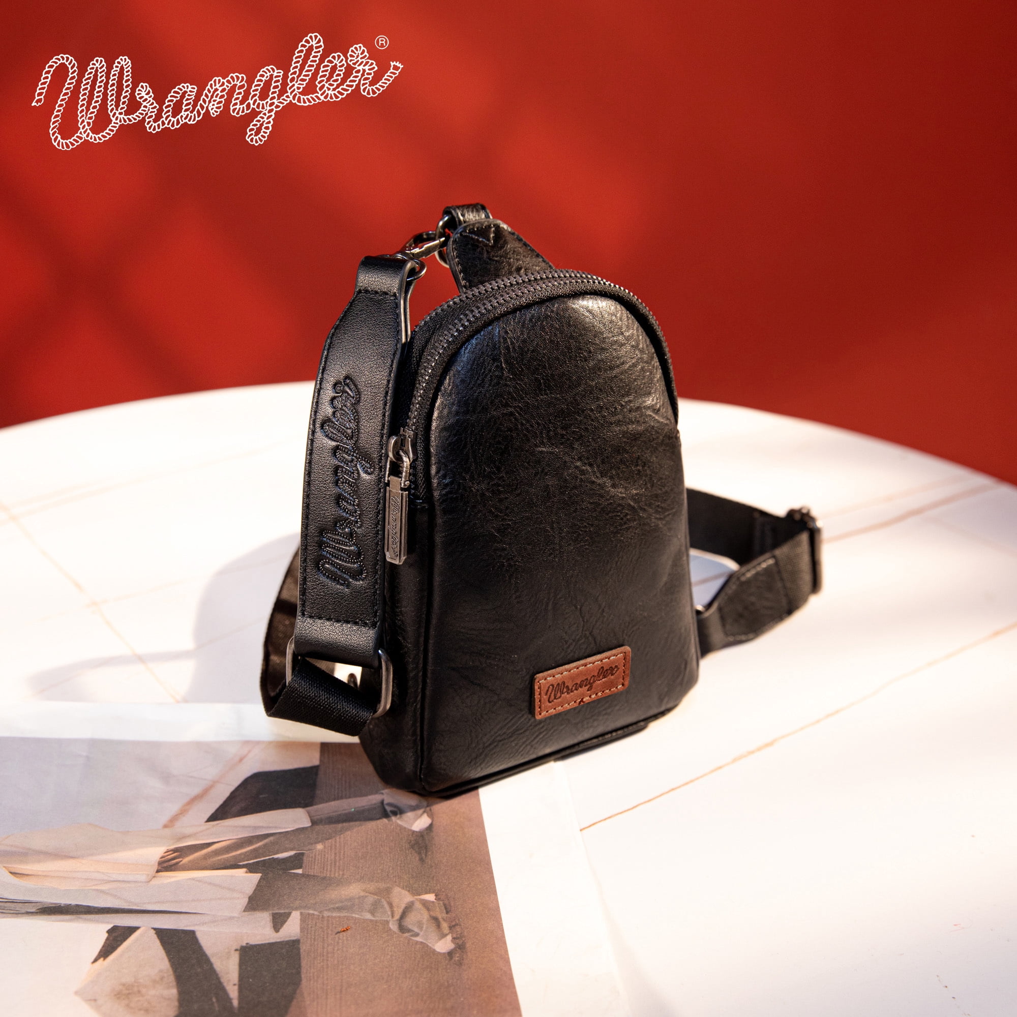 Wrangler Crossbody Sling Bags for Women Cross Body Fanny Pack Purse with Detachable Strap Zipper 7.5 "H, Black
