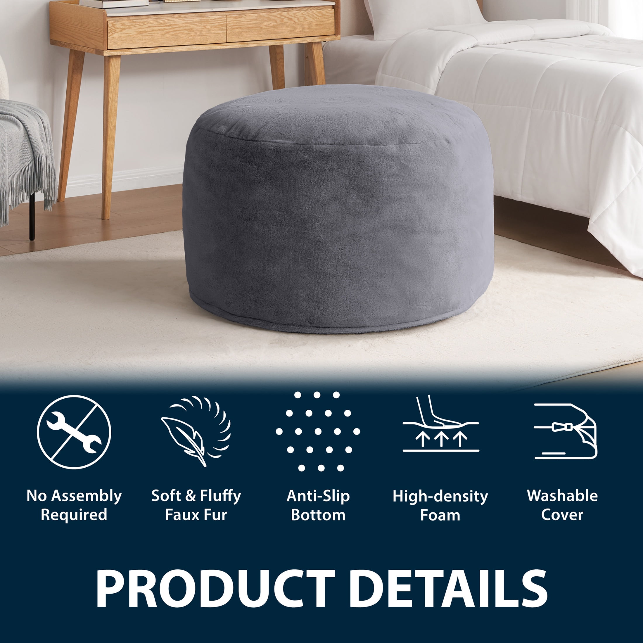 Serta Big Round Lounger Foam Filled Bean Bag Chair, Gray, Plush Faux Fur, Oversized Round Floor Seat, 36” Diameter