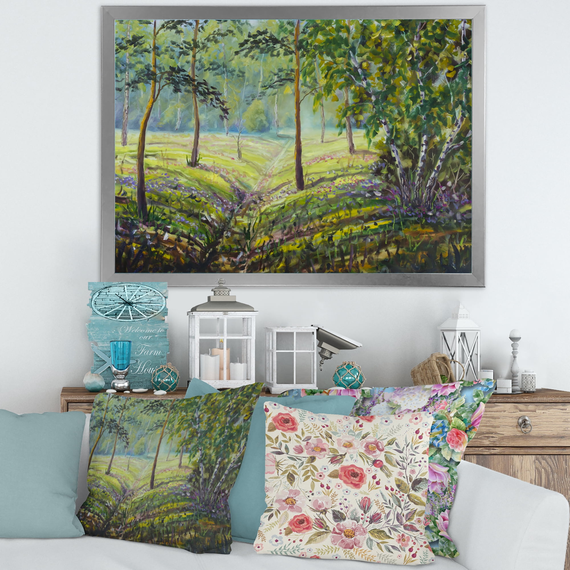 Designart 'Bushes and Pine Trees In The Forest I' Lake House Framed Art Print