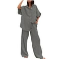 thumbnail image 2 of Dwaogom Women's Cotton And Linen Casual Lapel Sleeved Shirt Two Piece Set Long Sleeve Pullover And Drawstring Sweatpants Women Outfits, 2 of 5