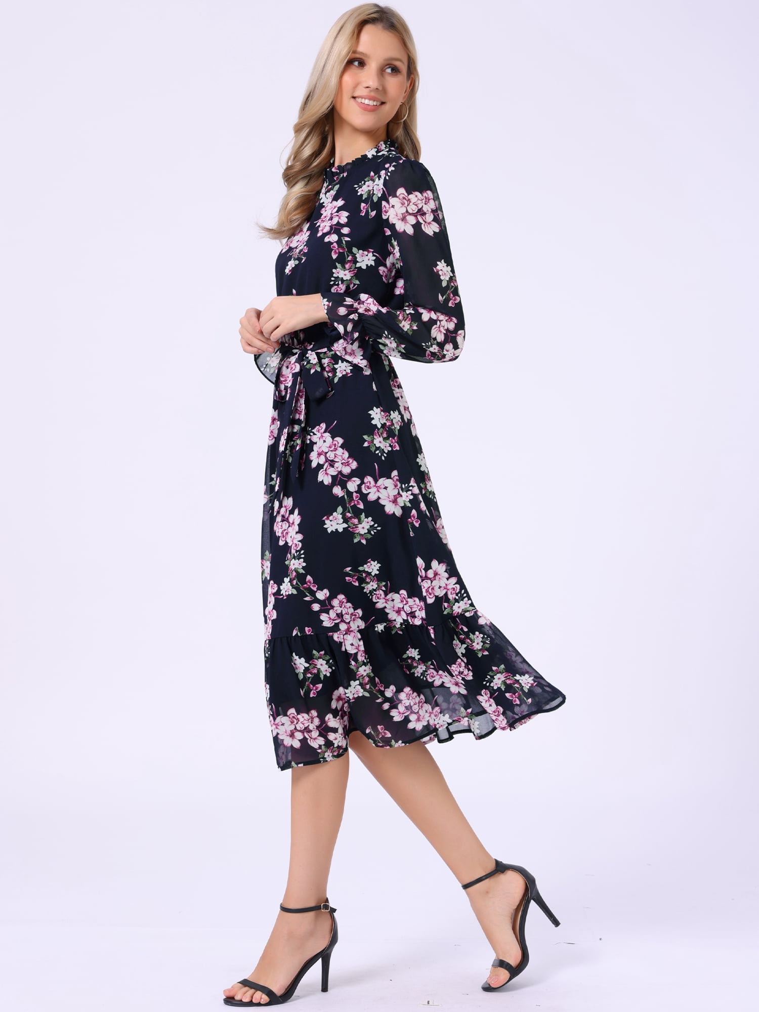 DARING DIVA Fall Floral Long Sleeve Chiffon Midi Dress M Dark Blue