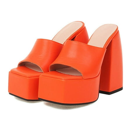 

AXXD Sandals Women Platform Sandals For Women Sexy Square Peep Toe Slip On Chunky High Heel Sandals Date Dress Pumps(7 Orange)