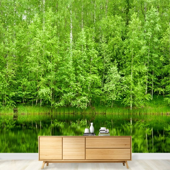 wall26 - Boreal Forest Reflected in River Natural Background - Removable Wall Mural | Self-Adhesive Large Wallpaper - 66x96 inches