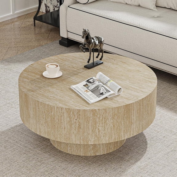 Round Coffee Table for Living Room Modern Drum Center Table Circle Boho Coffee Tables with Sturdy Base, for Living Room Reception Room, Easy Assemble (Travertine Round)