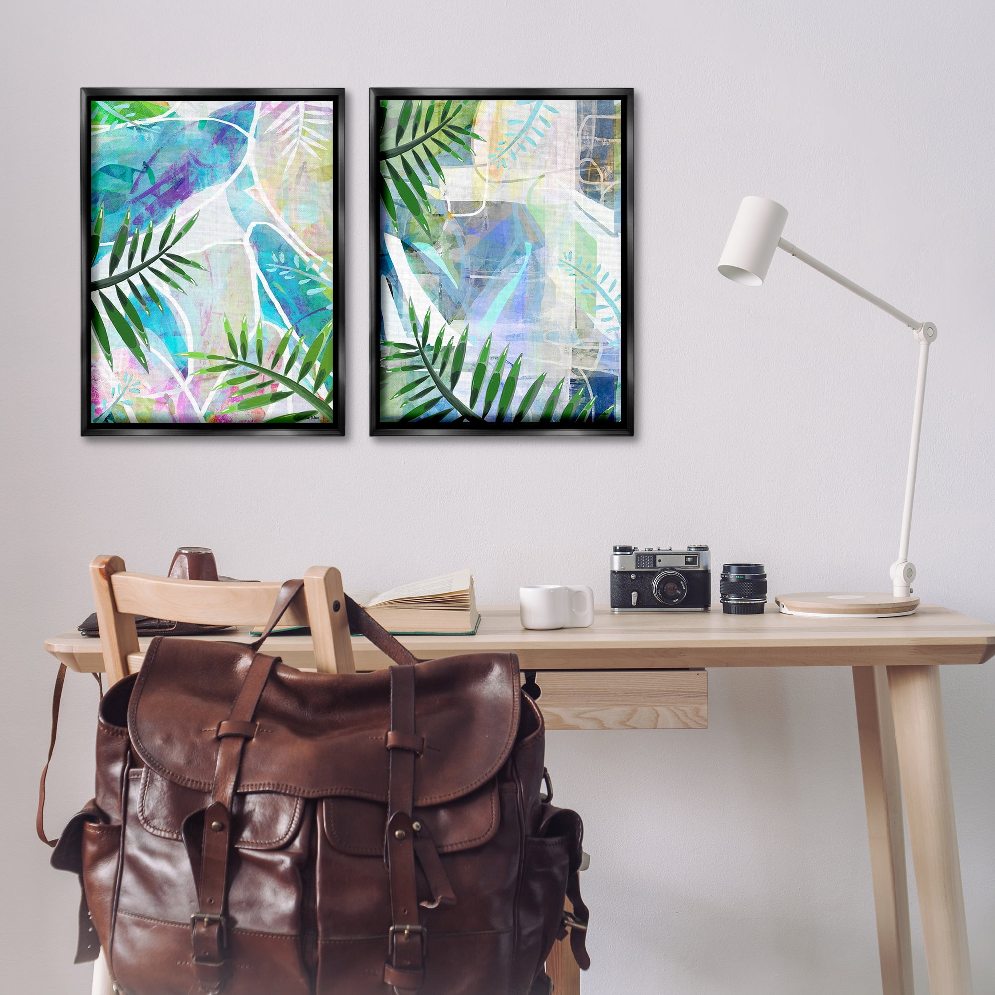 Stupell Industries Abstract Pastel Palm Shapes Plants & Flowers Painting Black Floater Framed Canvas Art Print Wall Art, 21 x 31, Set of 2