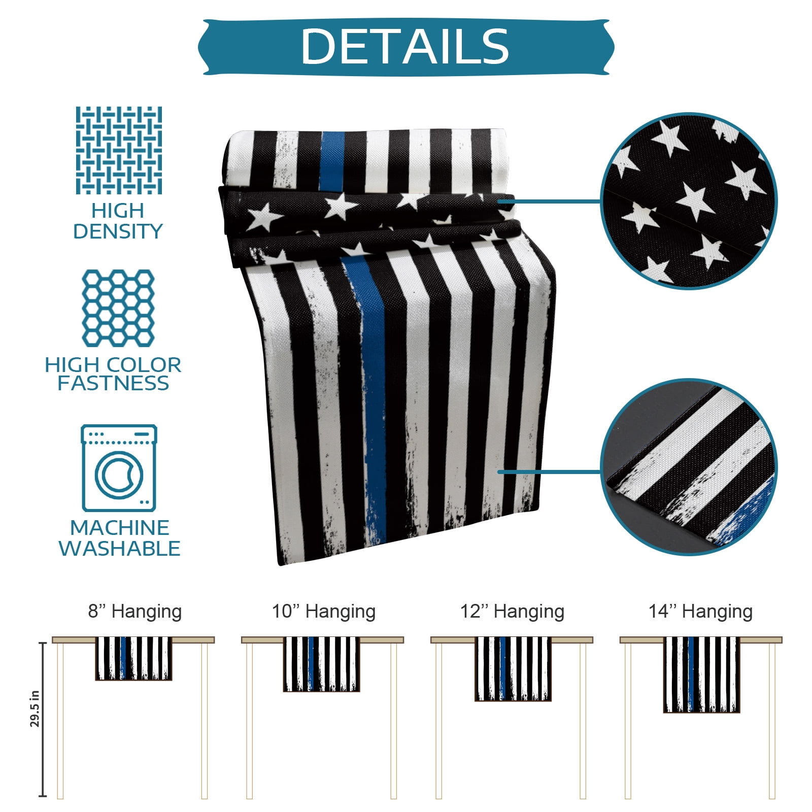 Ldtrchee Thin Blue Line American Flag Table Runner 36 Inches, Black USA Police Bed Runner Dresser Scarves Tabletop for Indoor Outdoor Parties/Ceremony/Banquet, 13"x 36"