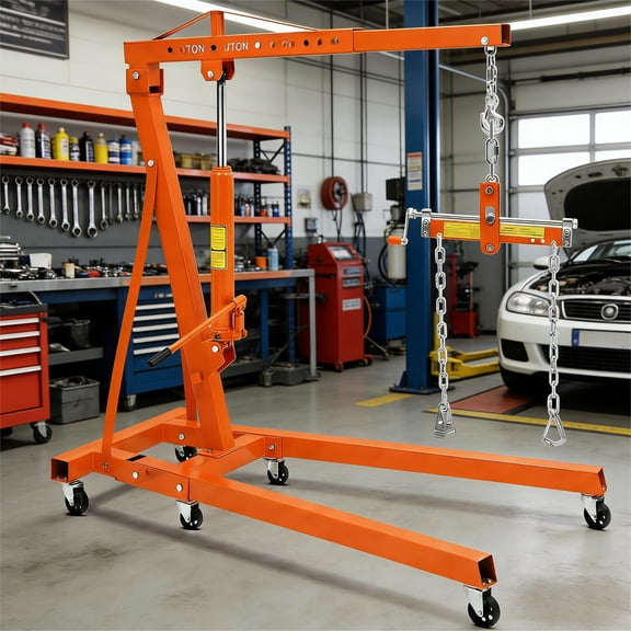 2 Ton Folding Hydraulic Engine Hoist with Leveler – Telescopic Boom, 6 Swivel Casters, Heavy Duty Cherry Picker Crane Lifter, 4400 lbs for Garage, Workshop, Warehouse