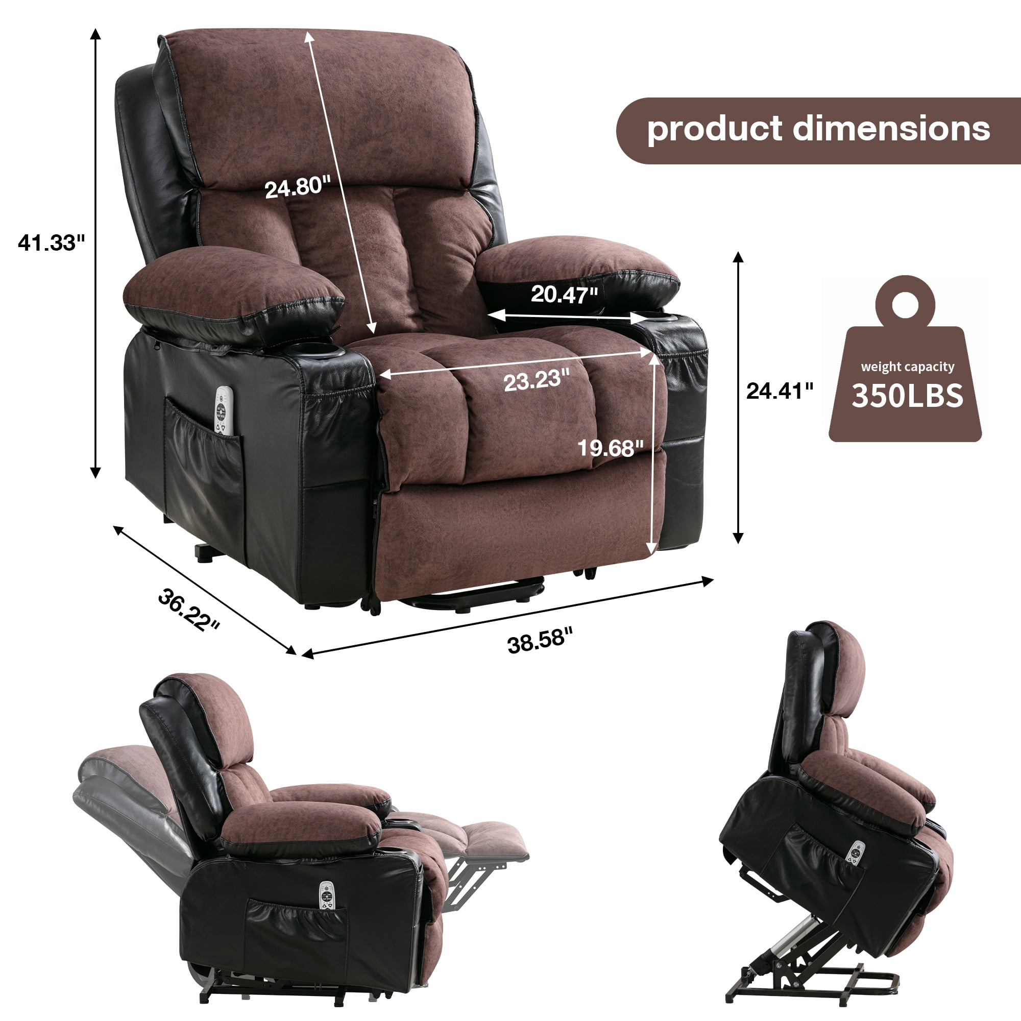 Lift Recliner Chair, LEGAHOME Electric Power Lift Recliner for Elderly with Heat Therapy and Massage, Oversized PU Leather Recliner Chair with Cup Holders, USB Port, Side Pocketst, Black & Brown
