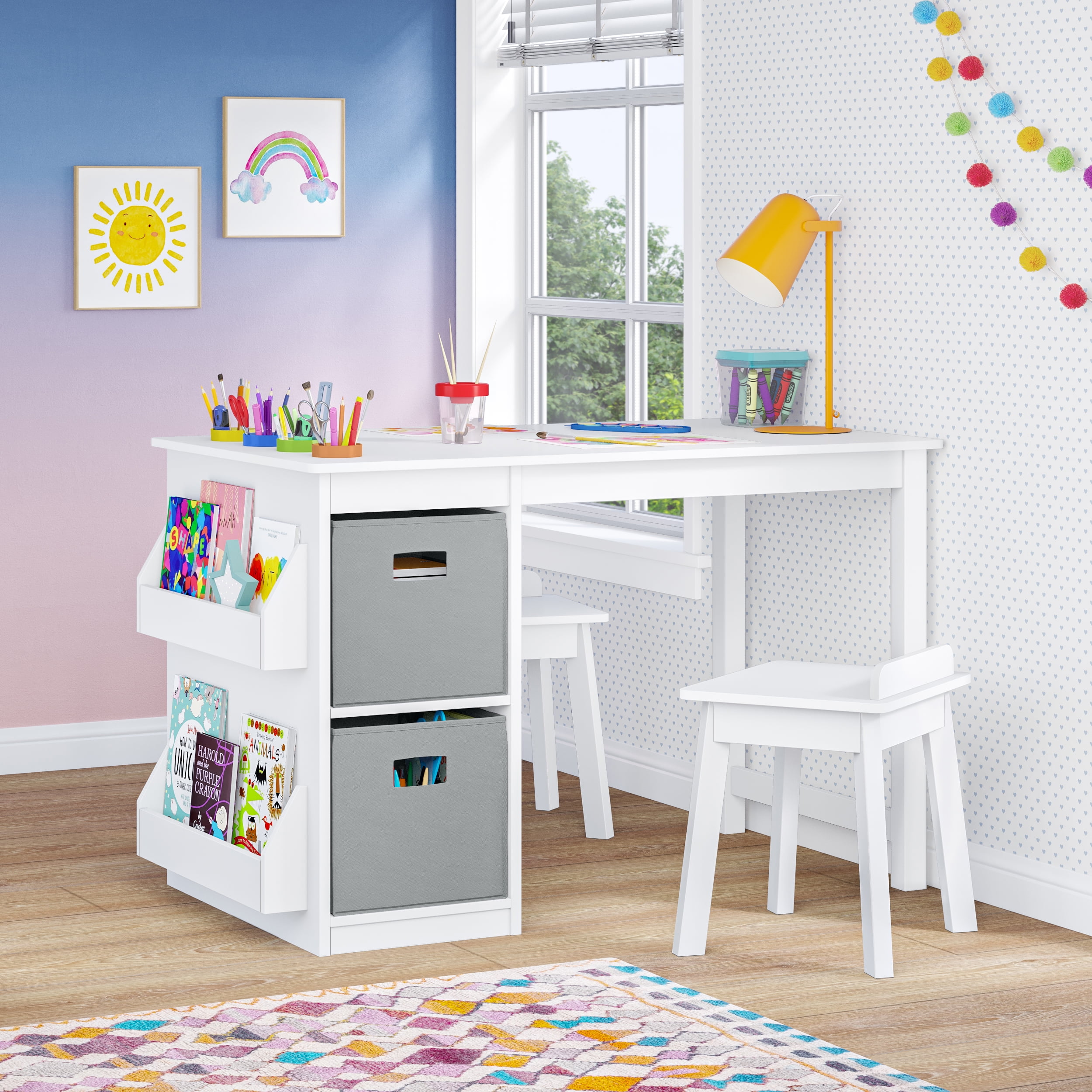 RiverRidge Kids Playroom Art Activity Table with 2 Cubbies, 2 Bookracks, and 2 Gray Bins