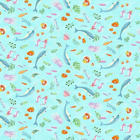 Elizabeth's Studio Little Mermaids Sea Creatures Blue 100% Cotton Sold By The Yard