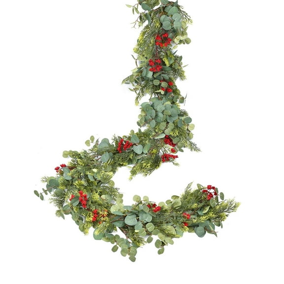 XEAZON Christmas Cedar Garlands, 6Ft Realistic Artificial Pine Cypress Greenery Garland with Berry and Eucalyptus Leaves Cypress Garland for Table Mantle Christmas Holiday Fireplace Winter Decoration