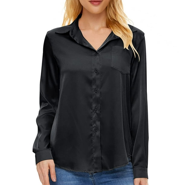 Needbo Women's Blouse Satin Silk Long Sleeve Button Down Shirts with ...