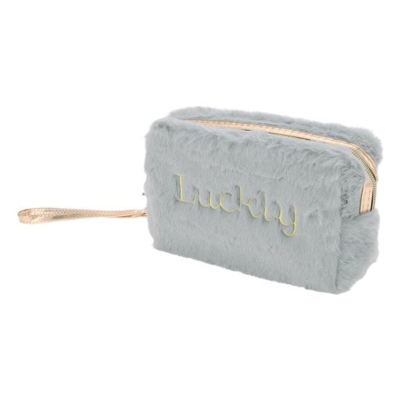 1 Pc Women Portable Luckly Makeup Bag for Travel Vacation Wedding Camping Gray Plush